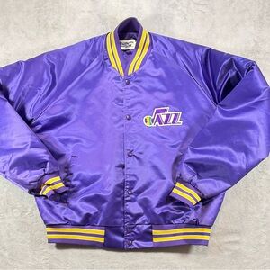 Rare 90’s Vintage Utah Jazz Chalk Line Satin Jacket Purple Size XL Back Spellout